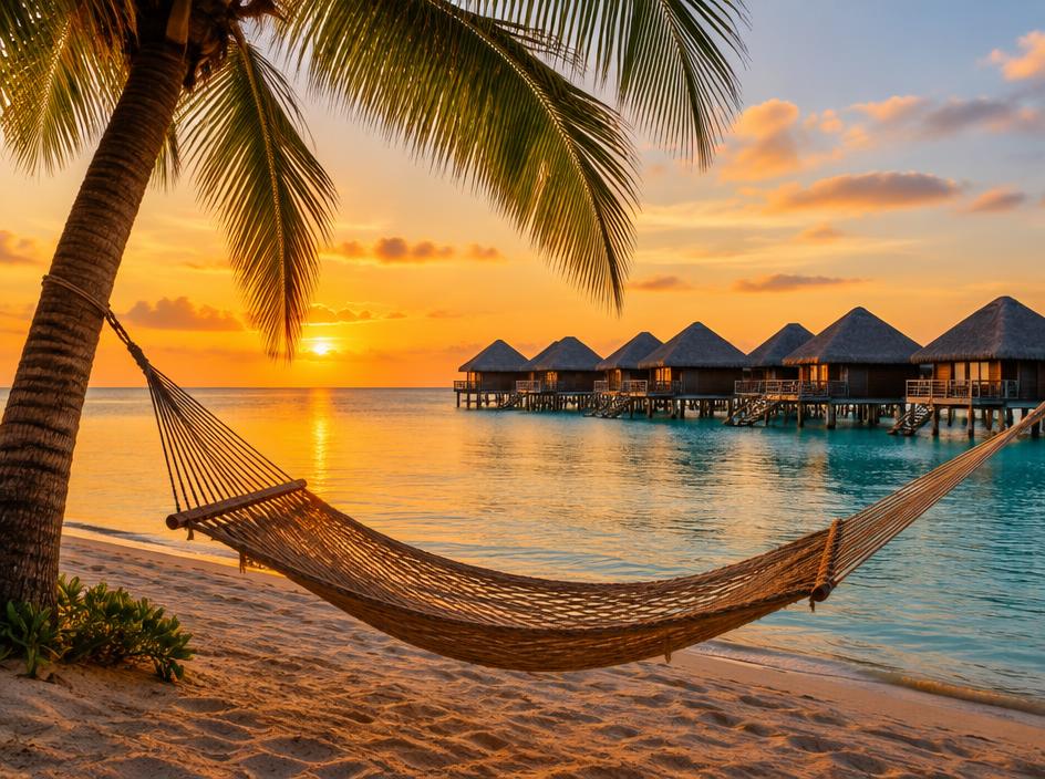 Hammock on a tropical beach with overwater bungalows at sunset