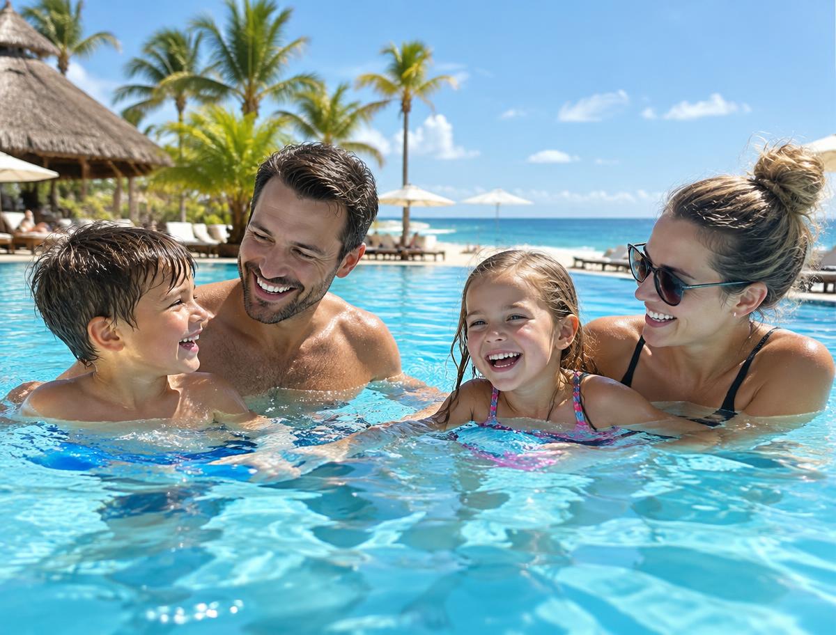 Family enjoying a resort swimming pool by the beach