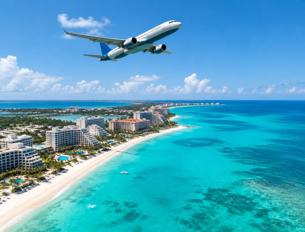 Airplane flying above a tropical coastline with beachfront hotels