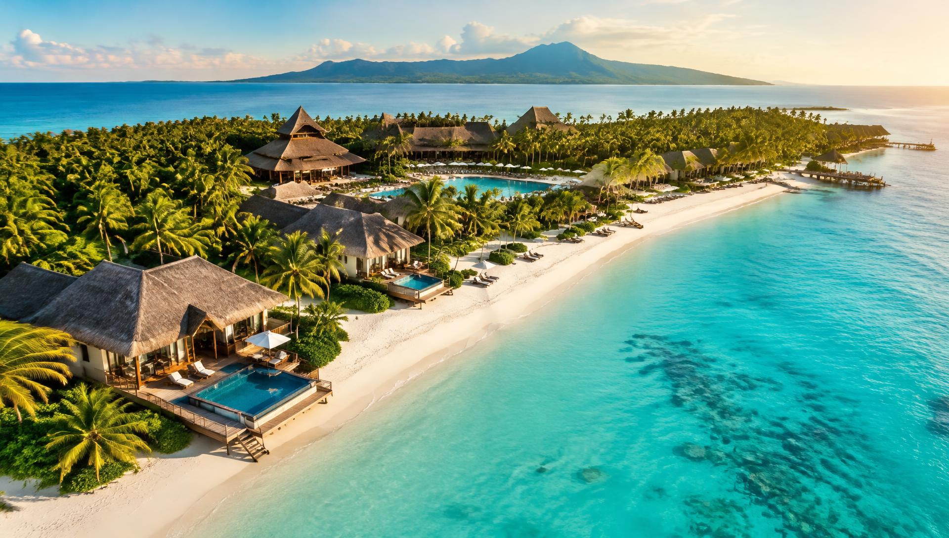 Tropical all-inclusive beach resort with turquoise water, white sand and palm trees