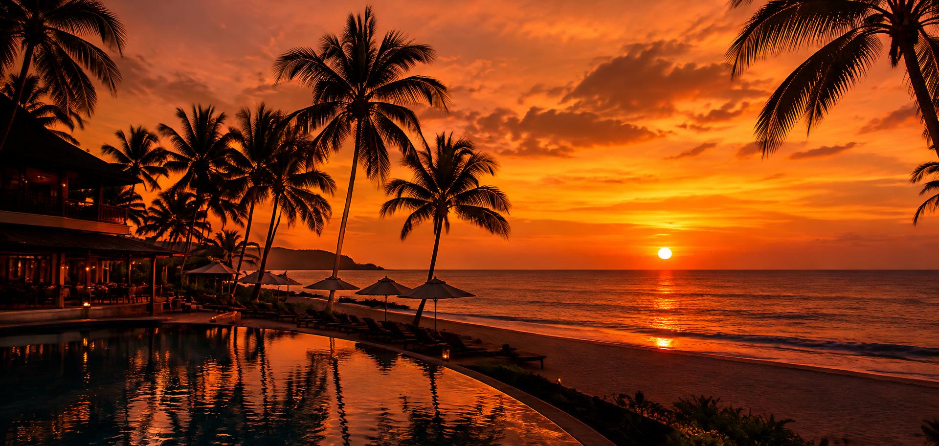 Tropical sunset over a beachfront resort with palm trees